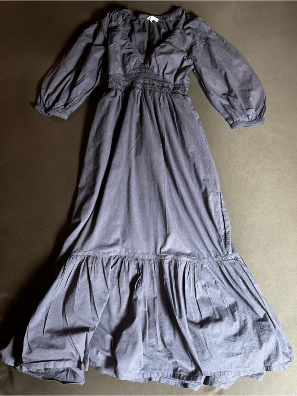 Navy Cotton Prairie Midi Dress Smocked Waist Puff Sleeve Cottagecore L - Picture 2 of 11